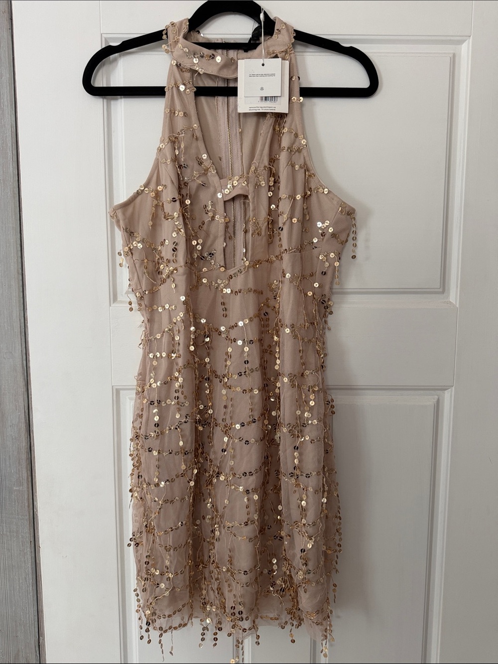 Missguided Nude Sequin Halter Mini Dress